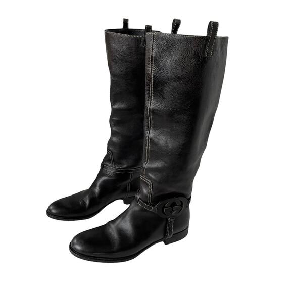 Gucci Interlocking G Logo Tall Riding Boots Knee Leather Black 7 GUC - Picture 16 of 16